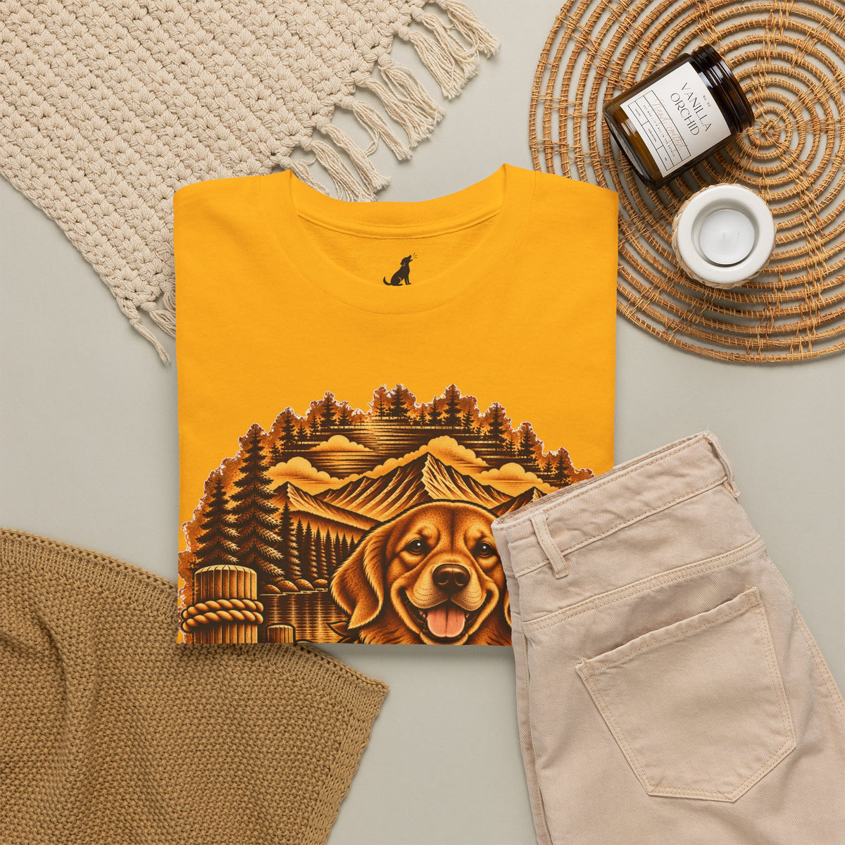 Golden Retriever Mountain Lake Wildlife Woodcut Tee Gold Outdoor Canine Graphic T-Shirt BarkingDog Shop