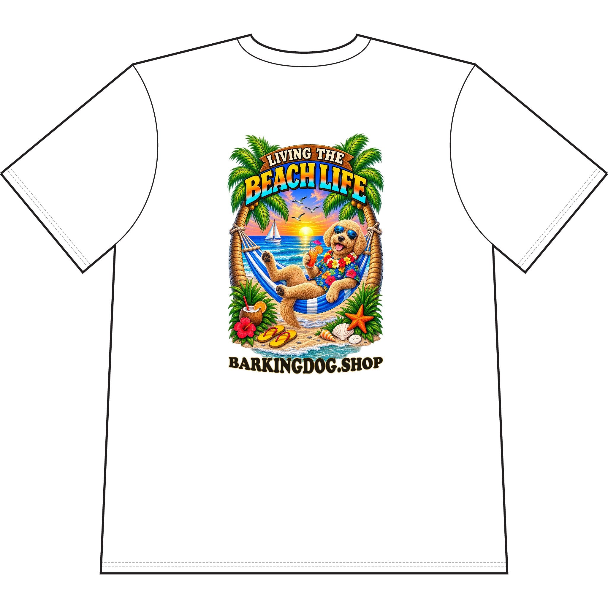 Goldendoodle Beach Life Canine T Shirt Beach Collection Living the Beach Life Tropical Graphic Tee Wag On BarkingDog Shop
