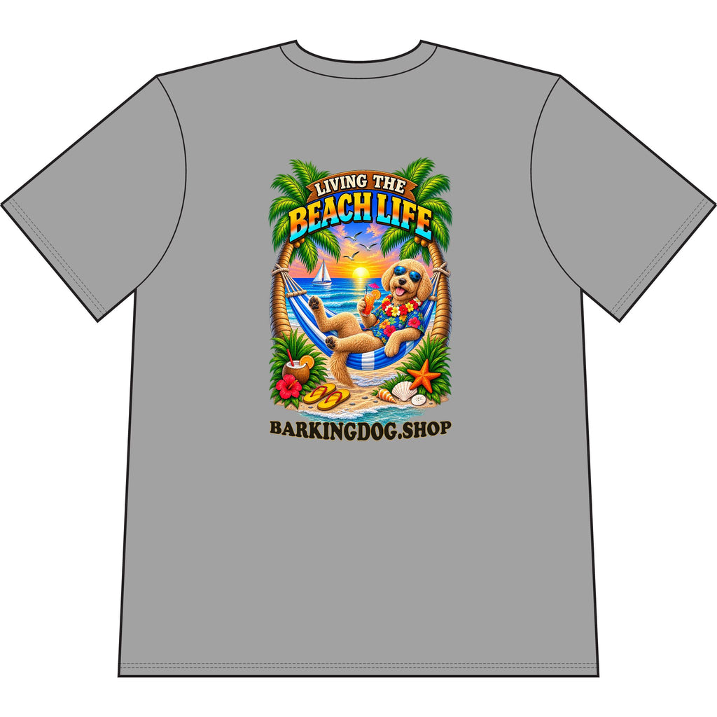 Goldendoodle Beach Life Canine T Shirt Beach Collection Living the Beach Life Tropical Graphic Tee Wag On BarkingDog Shop