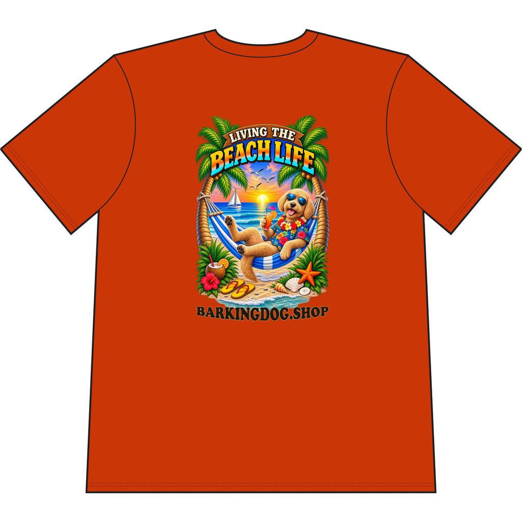 Goldendoodle Beach Life Canine T Shirt Beach Collection Living the Beach Life Tropical Graphic Tee Wag On BarkingDog Shop