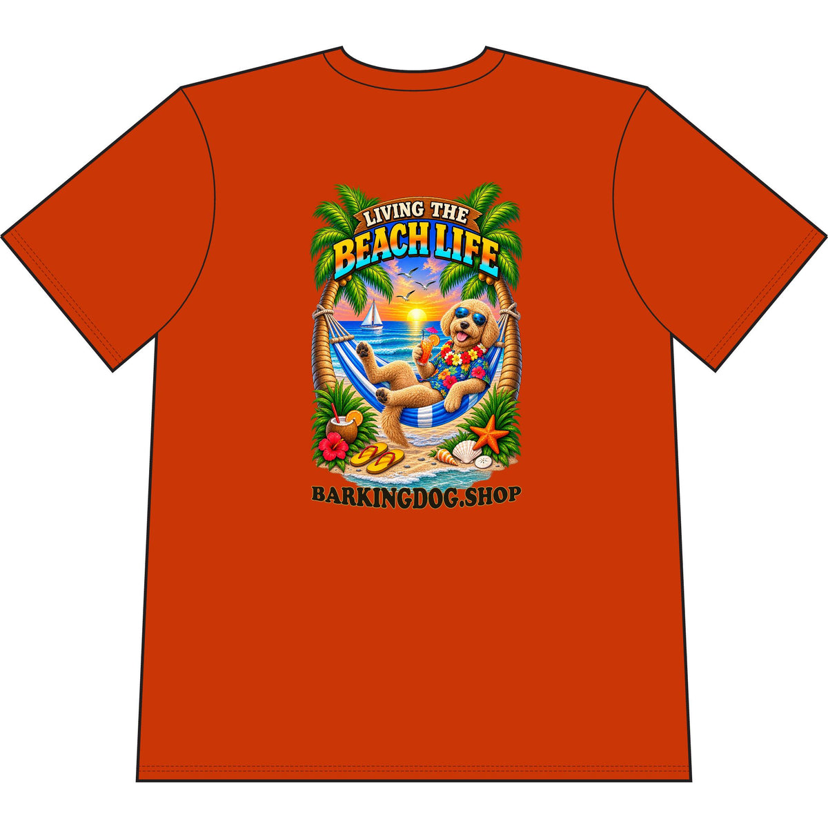 Goldendoodle Beach Life Canine T Shirt Beach Collection Living the Beach Life Tropical Graphic Tee Wag On BarkingDog Shop