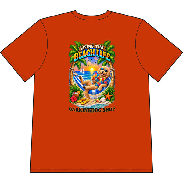 Goldendoodle Beach Life Canine T Shirt Beach Collection Living the Beach Life Tropical Graphic Tee Wag On BarkingDog Shop