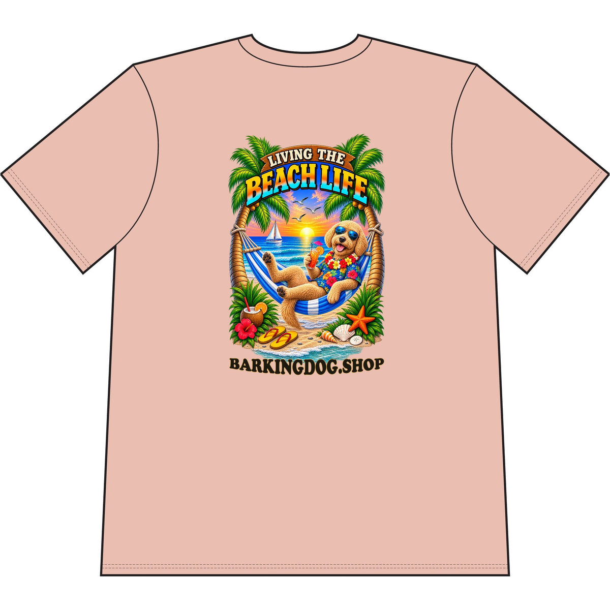 Goldendoodle Beach Life Canine T Shirt Beach Collection Living the Beach Life Tropical Graphic Tee Wag On BarkingDog Shop