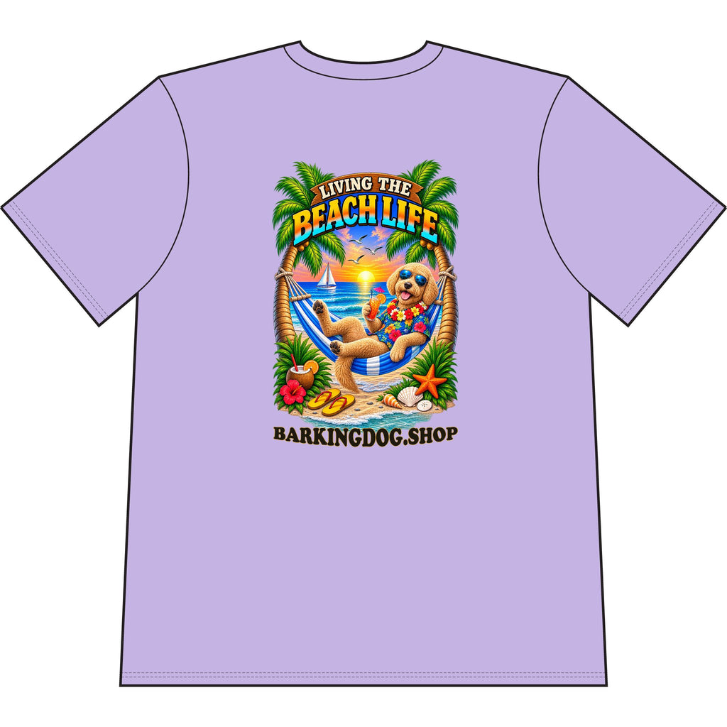 Goldendoodle Beach Life Canine T Shirt Beach Collection Living the Beach Life Tropical Graphic Tee Wag On BarkingDog Shop