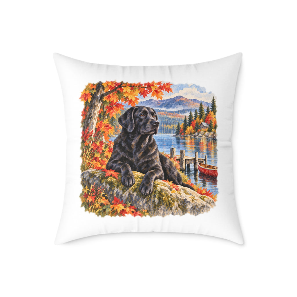 Black Labrador Maine Lake Autumn Throw Pillow White Home Decor Collection Fall Mountain Dog Decor BarkingDog Shop