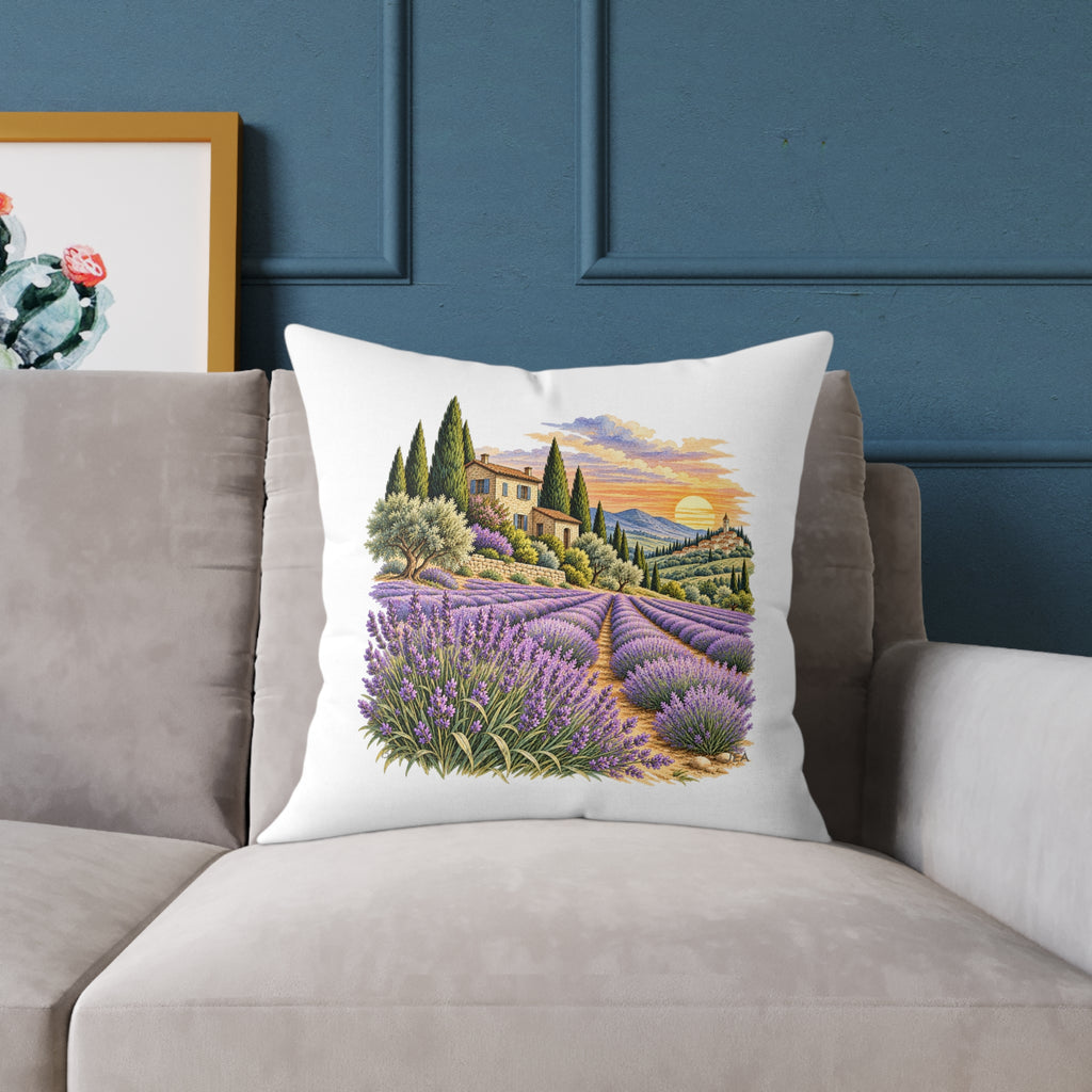 Lavender Fields Woodcut Relief Throw Pillow White Floral Landscape Home Decor BarkingDog Shop