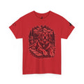 Golden Retriever Mountain Lake Wildlife Woodcut Tee Red Outdoor Canine Graphic T-Shirt BarkingDog Shop