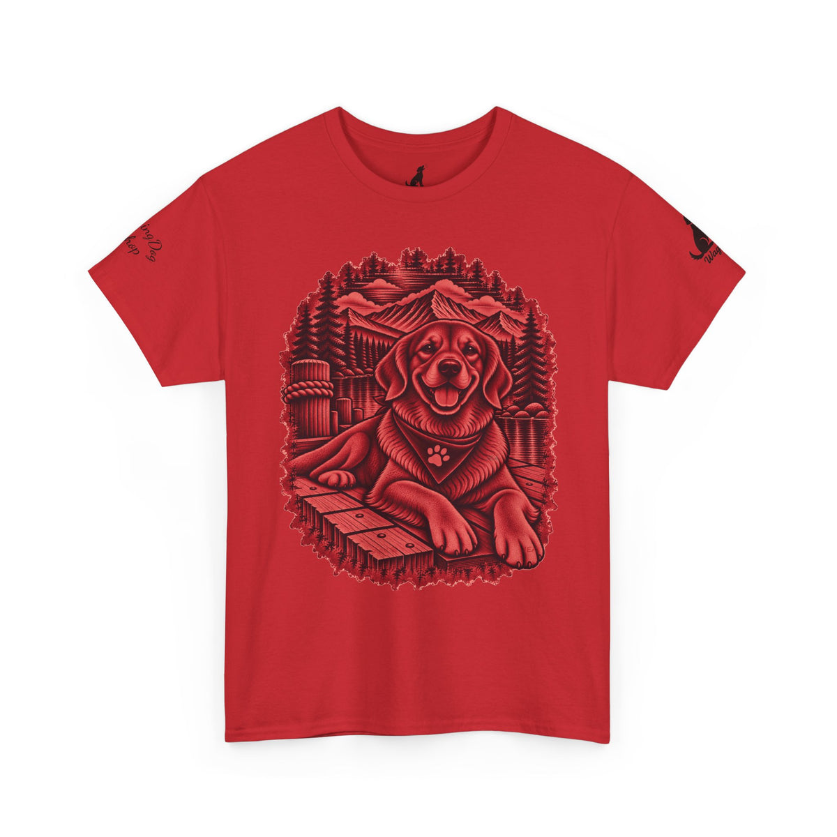 Golden Retriever Mountain Lake Wildlife Woodcut Tee Red Outdoor Canine Graphic T-Shirt BarkingDog Shop