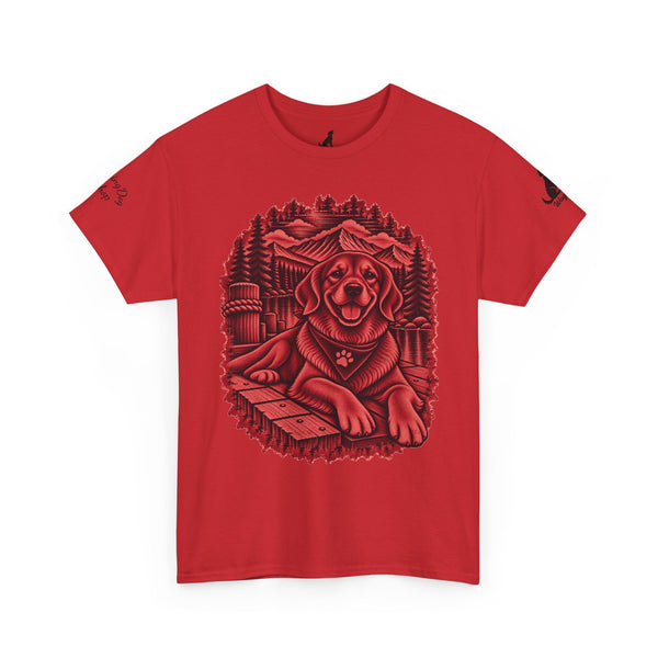 Golden Retriever Mountain Lake Wildlife Woodcut Tee Red Outdoor Canine Graphic T-Shirt BarkingDog Shop