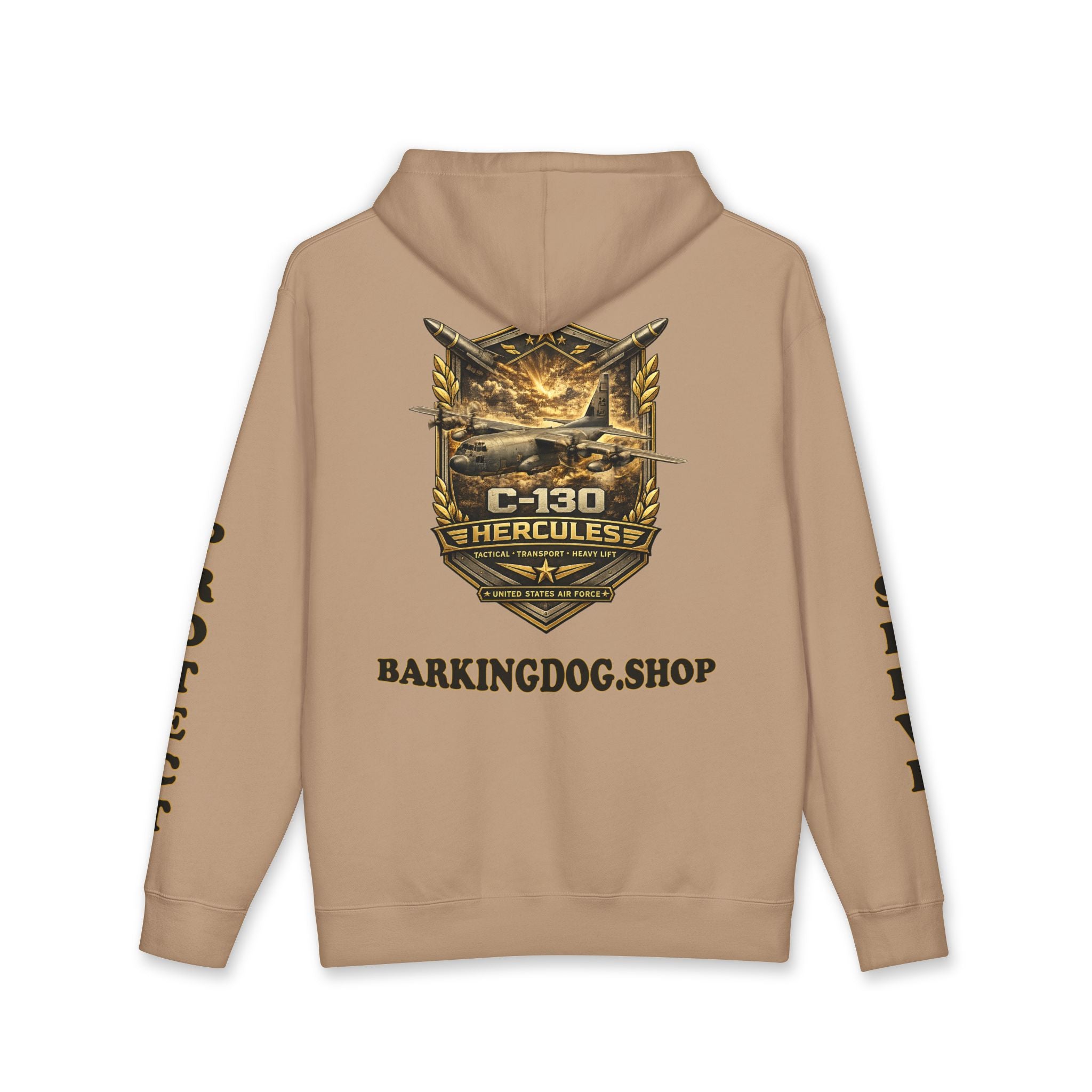 C-130 Hercules Tactical Transport Heavy Lift Airplane Hoodie — Barking Dog 'Wag On' Military Air Force Tribute