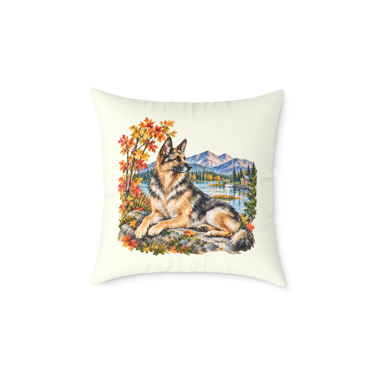German Shepherd Scenic Autumn Throw Pillow Ivory Home Decor Collection Mountain Lake Dog Decor BarkingDog Shop