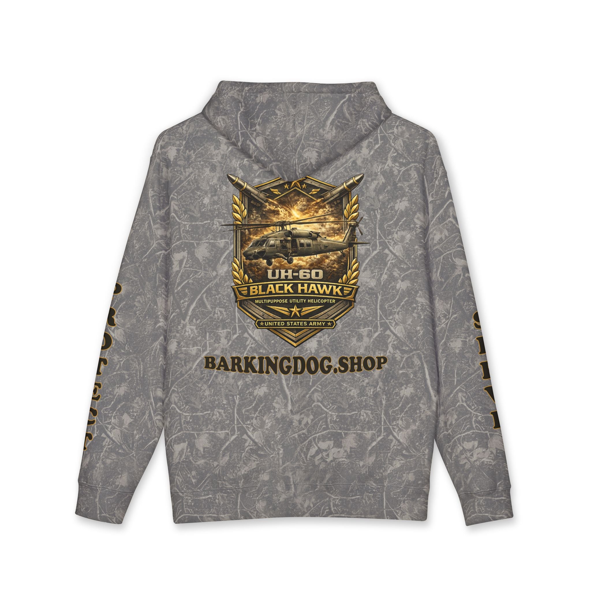 UH-60 Black Hawk Helicopter Hoodie — Barking Dog 'Wag On' Military Army Tribute