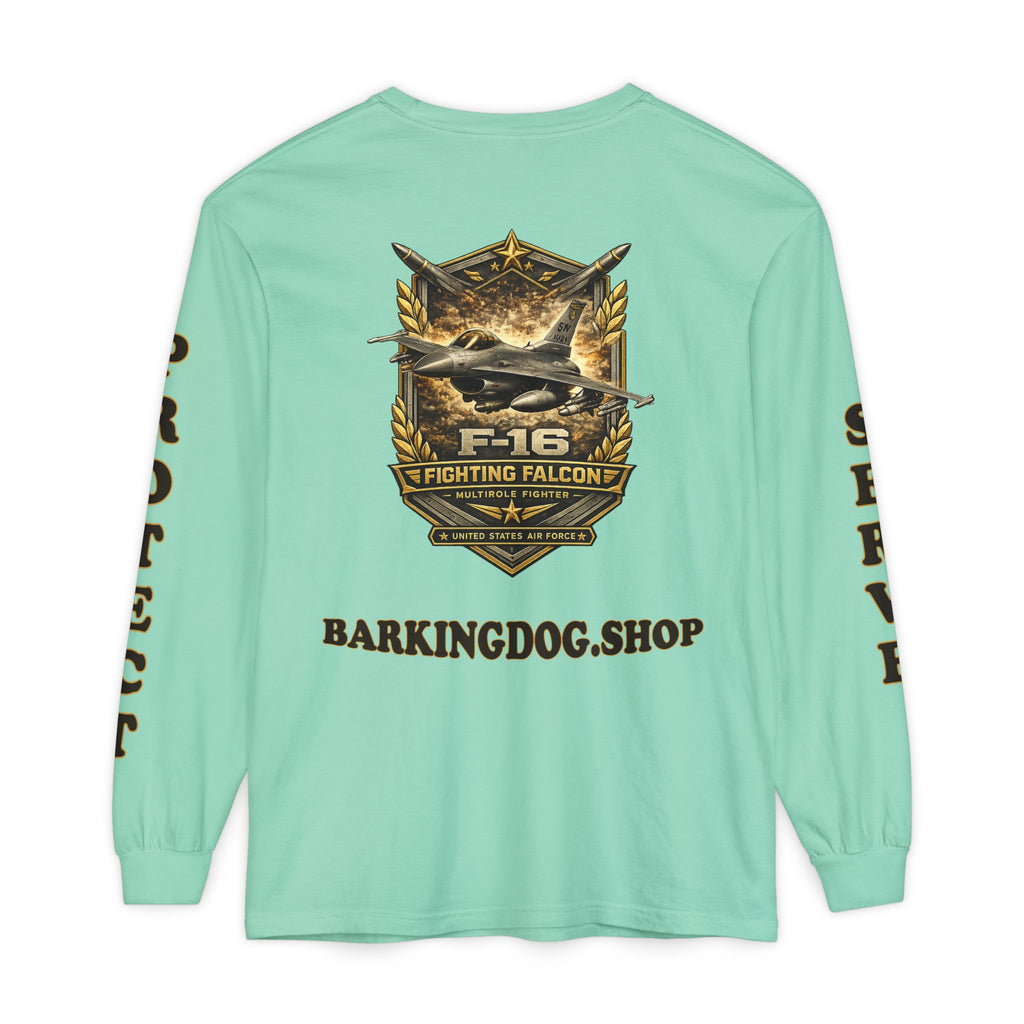 F-16 Fighting Falcon Long Sleeve Tee — Barking Dog 'Wag On' Military Air Force Tribute