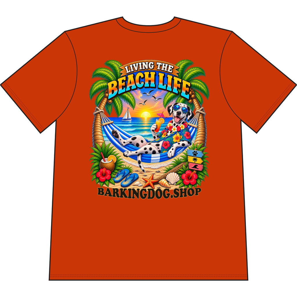 Dalmatian Beach Life Canine T Shirt Beach Collection Living the Beach Life Tropical Graphic Tee Wag On BarkingDog Shop