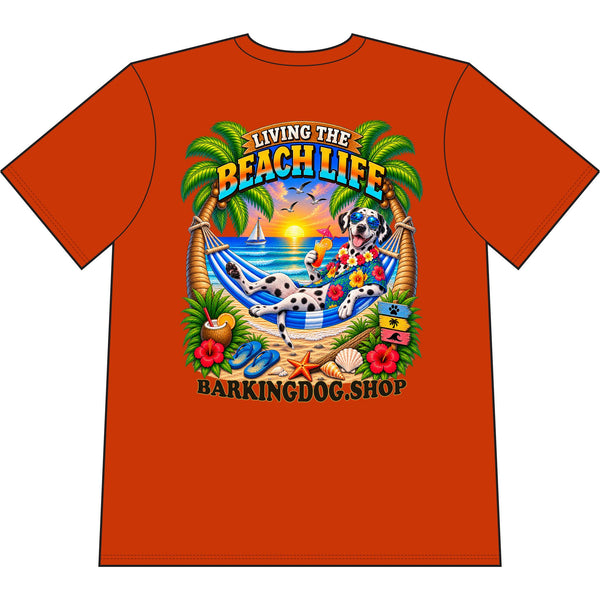 Dalmatian Beach Life Canine T Shirt Beach Collection Living the Beach Life Tropical Graphic Tee Wag On BarkingDog Shop