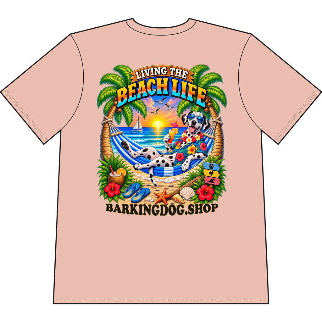 Dalmatian Beach Life Canine T Shirt Beach Collection Living the Beach Life Tropical Graphic Tee Wag On BarkingDog Shop