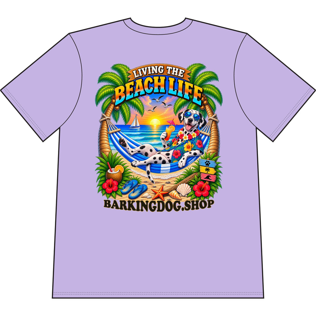 Dalmatian Beach Life Canine T Shirt Beach Collection Living the Beach Life Tropical Graphic Tee Wag On BarkingDog Shop