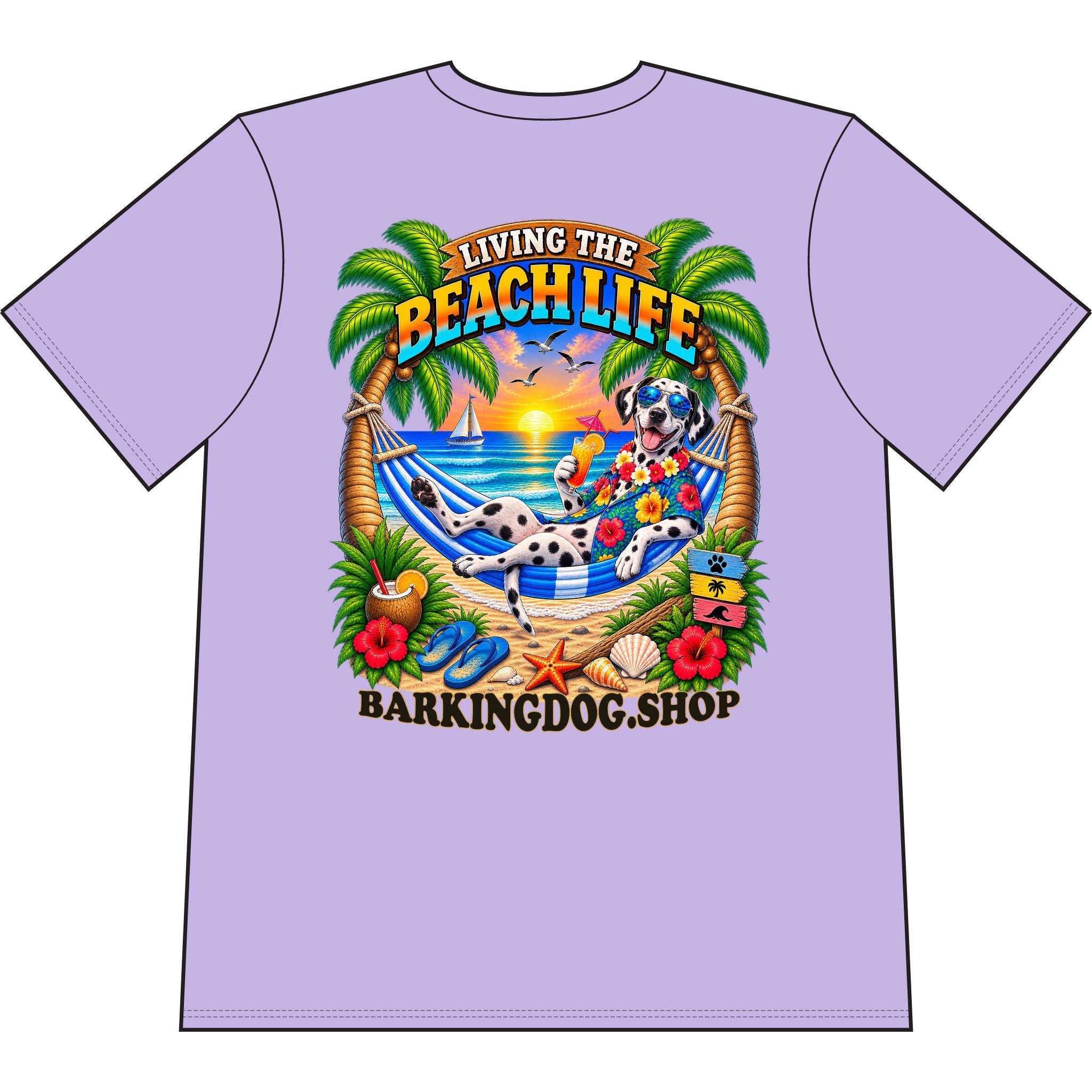 Dalmatian Beach Life Canine T Shirt Beach Collection Living the Beach Life Tropical Graphic Tee Wag On BarkingDog Shop