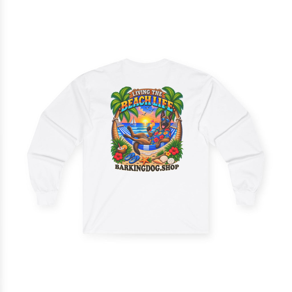 Belgian Malinois Beach Life Canine Long Sleeve T Shirt Beach Collection Hammock Tropical Dog Graphic Tee Wag On BarkingDog Shop