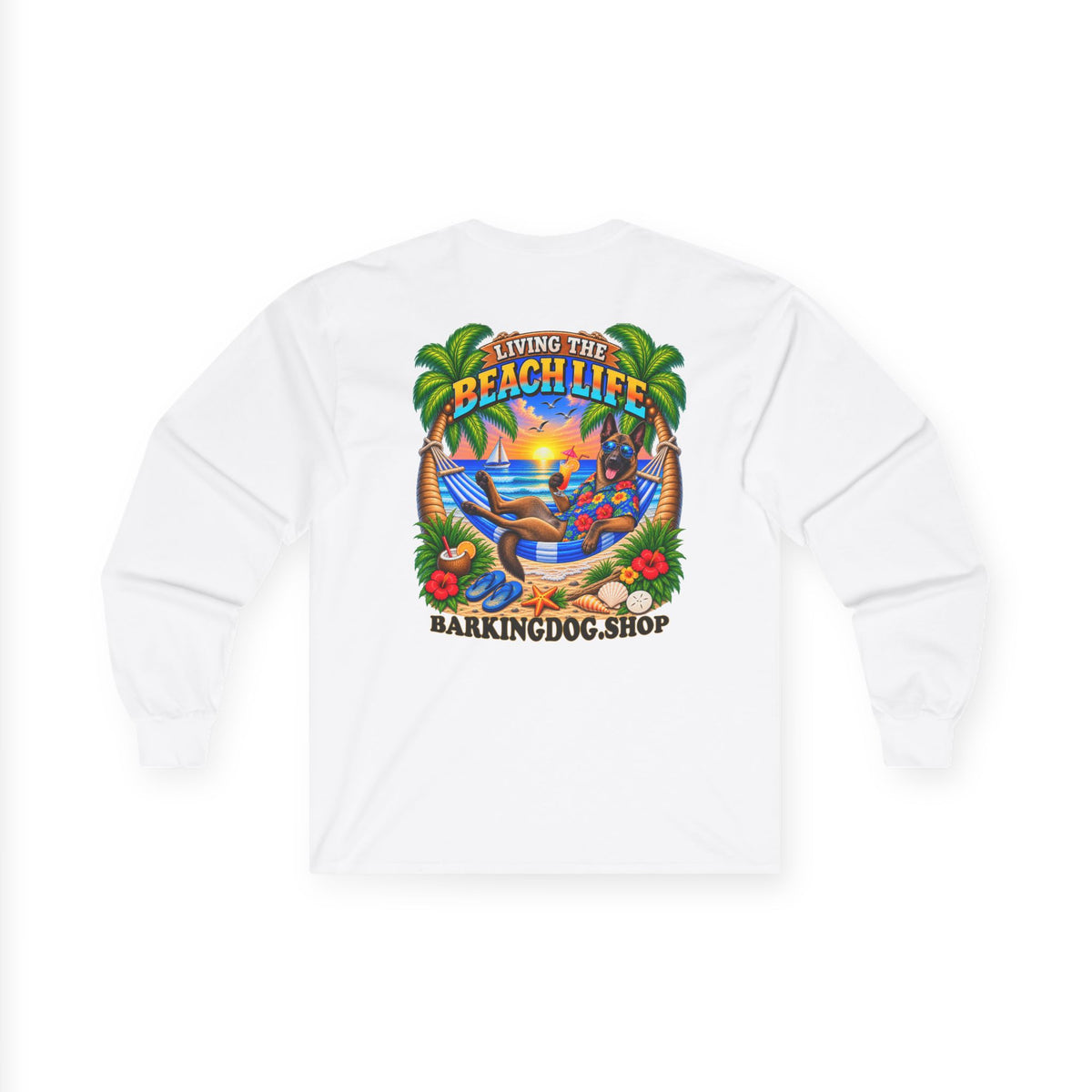 Belgian Malinois Beach Life Canine Long Sleeve T Shirt Beach Collection Hammock Tropical Dog Graphic Tee Wag On BarkingDog Shop
