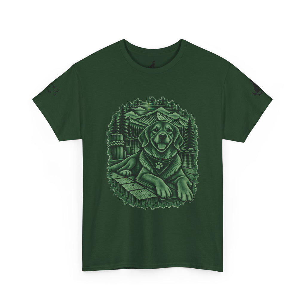 Golden Retriever Mountain Lake Wildlife Woodcut Tee Green Outdoor Canine Graphic T-Shirt BarkingDog Shop