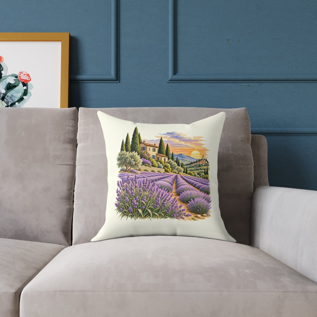 Lavender Fields Woodcut Relief Throw Pillow Ivory Floral Landscape Home Decor BarkingDog Shop