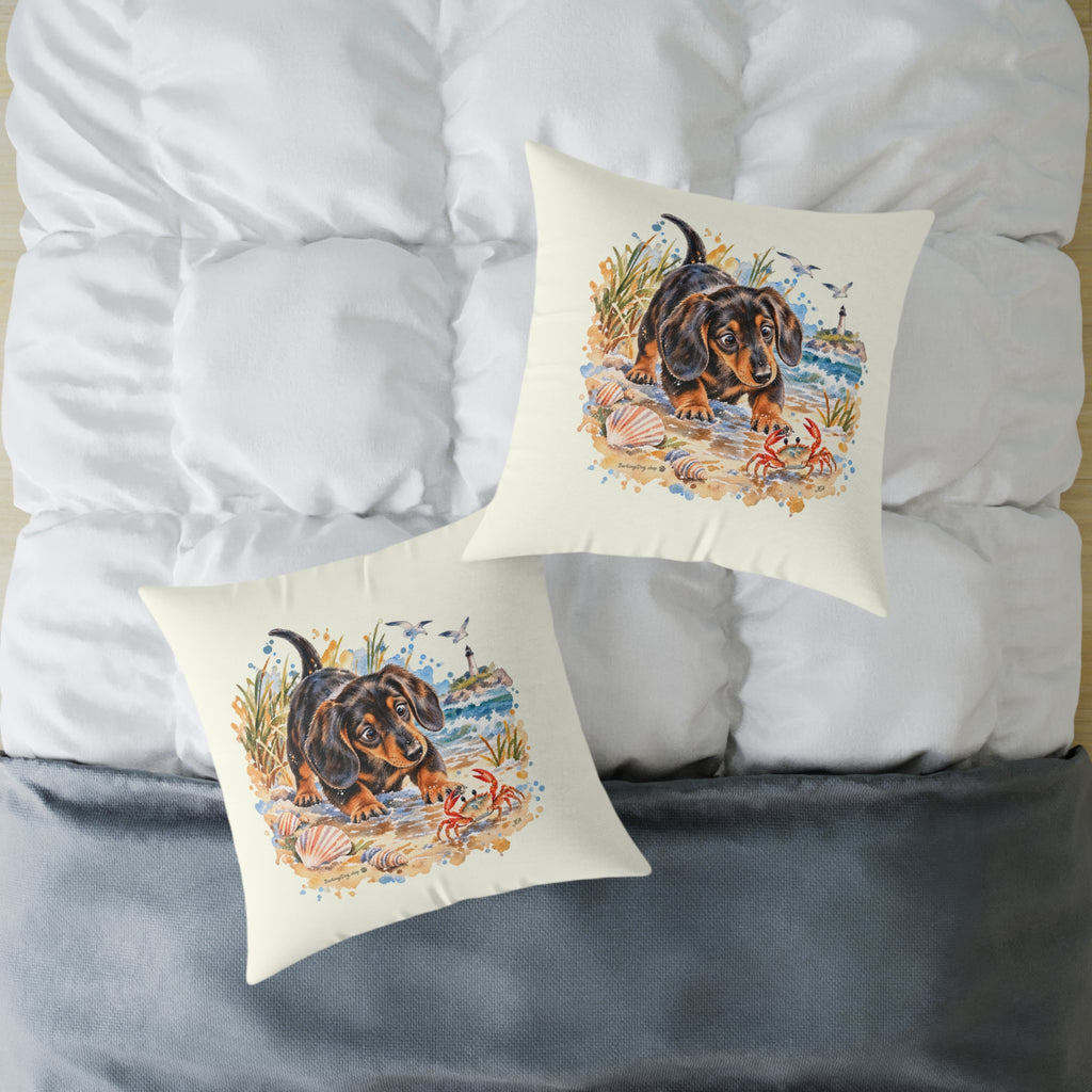 Dachshund Bewildered by Crab Beach Throw Pillow Ivory Home Decor Collection Funny Coastal Dog Decor BarkingDog Shop