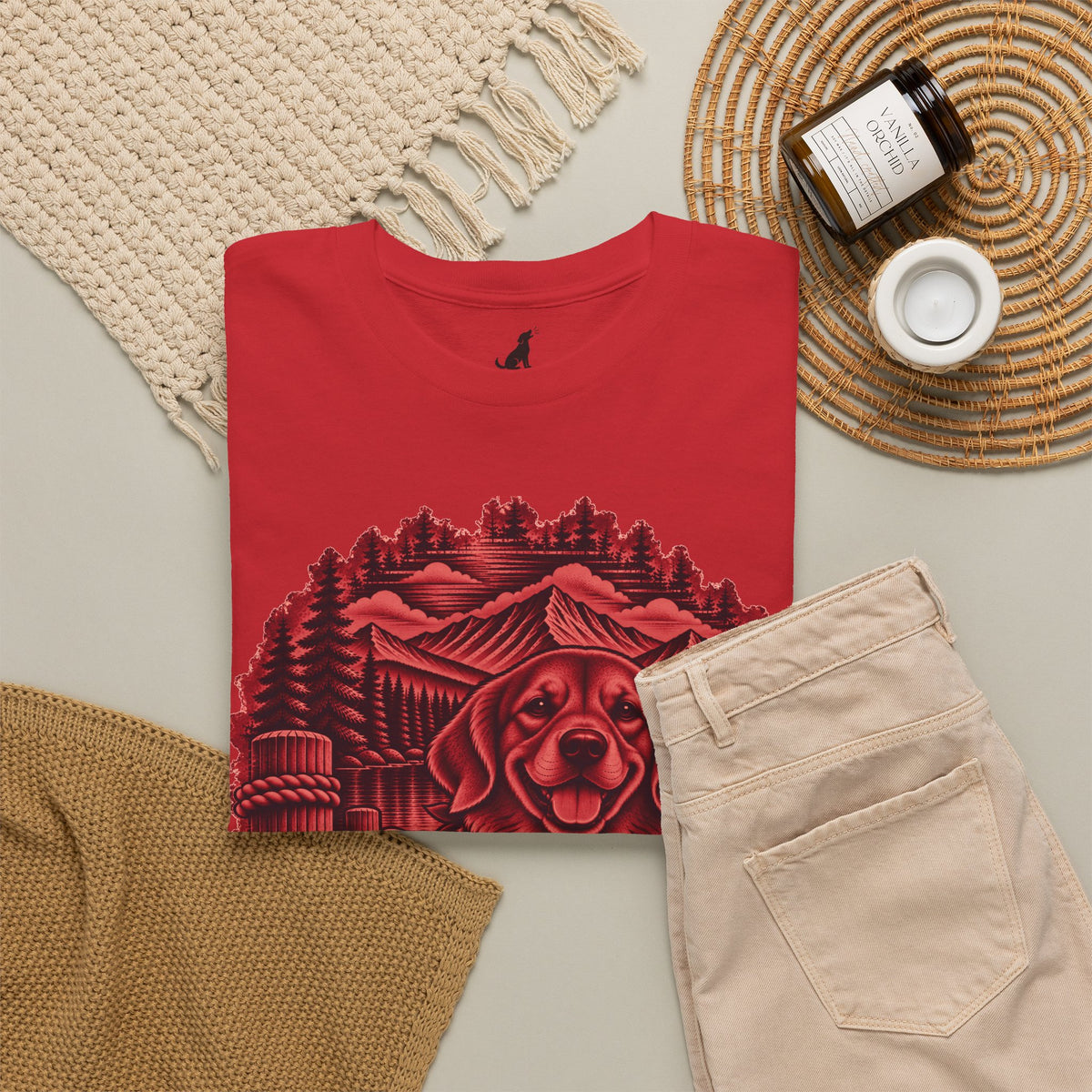 Golden Retriever Mountain Lake Wildlife Woodcut Tee Red Outdoor Canine Graphic T-Shirt BarkingDog Shop