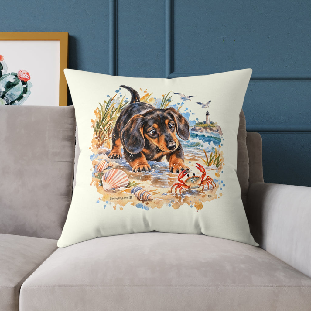 Dachshund Bewildered by Crab Beach Throw Pillow Ivory Home Decor Collection Funny Coastal Dog Decor BarkingDog Shop