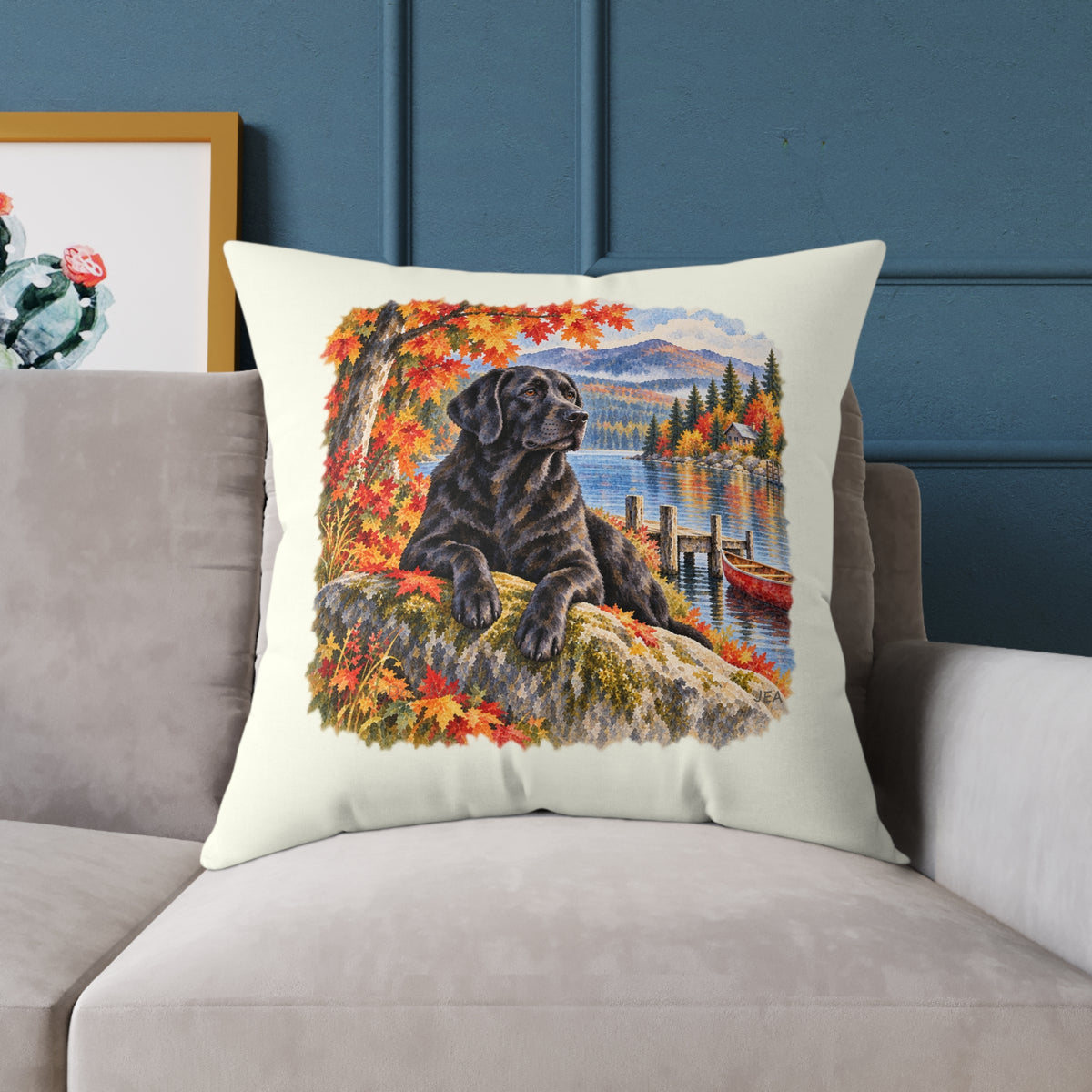 Black Labrador Maine Lake Autumn Throw Pillow Ivory Home Decor Collection Fall Mountain Dog Decor BarkingDog Shop