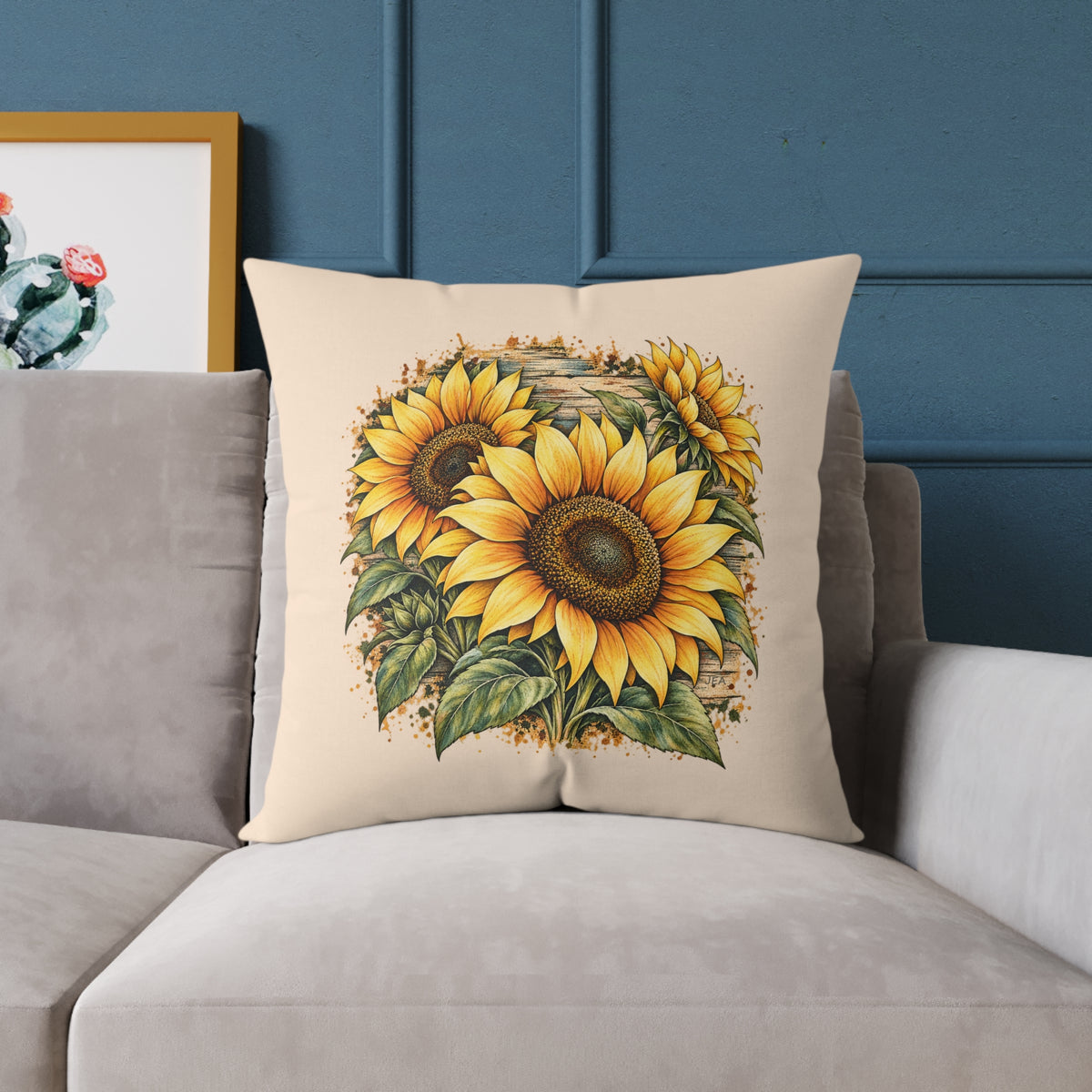 Sunflower Woodcut Relief Throw Pillow Warm Peach Floral Farmhouse Home Decor BarkingDog Shop