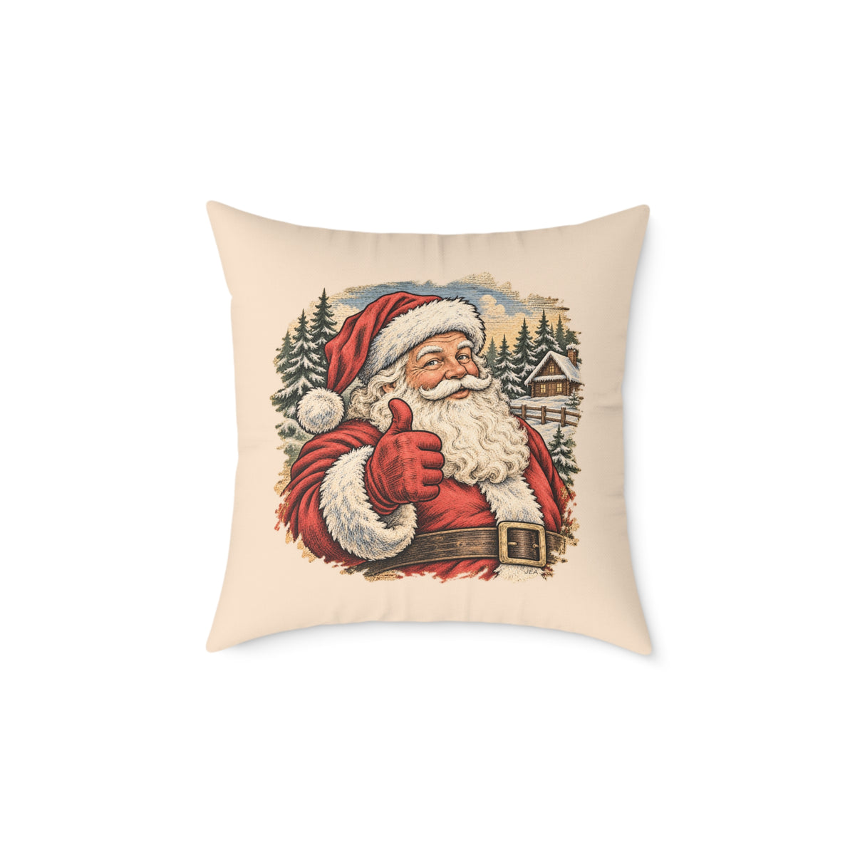 Santa Thumbs Up Woodcut Relief Throw Cushion Warm Peach Holiday Decoration BarkingDog Shop