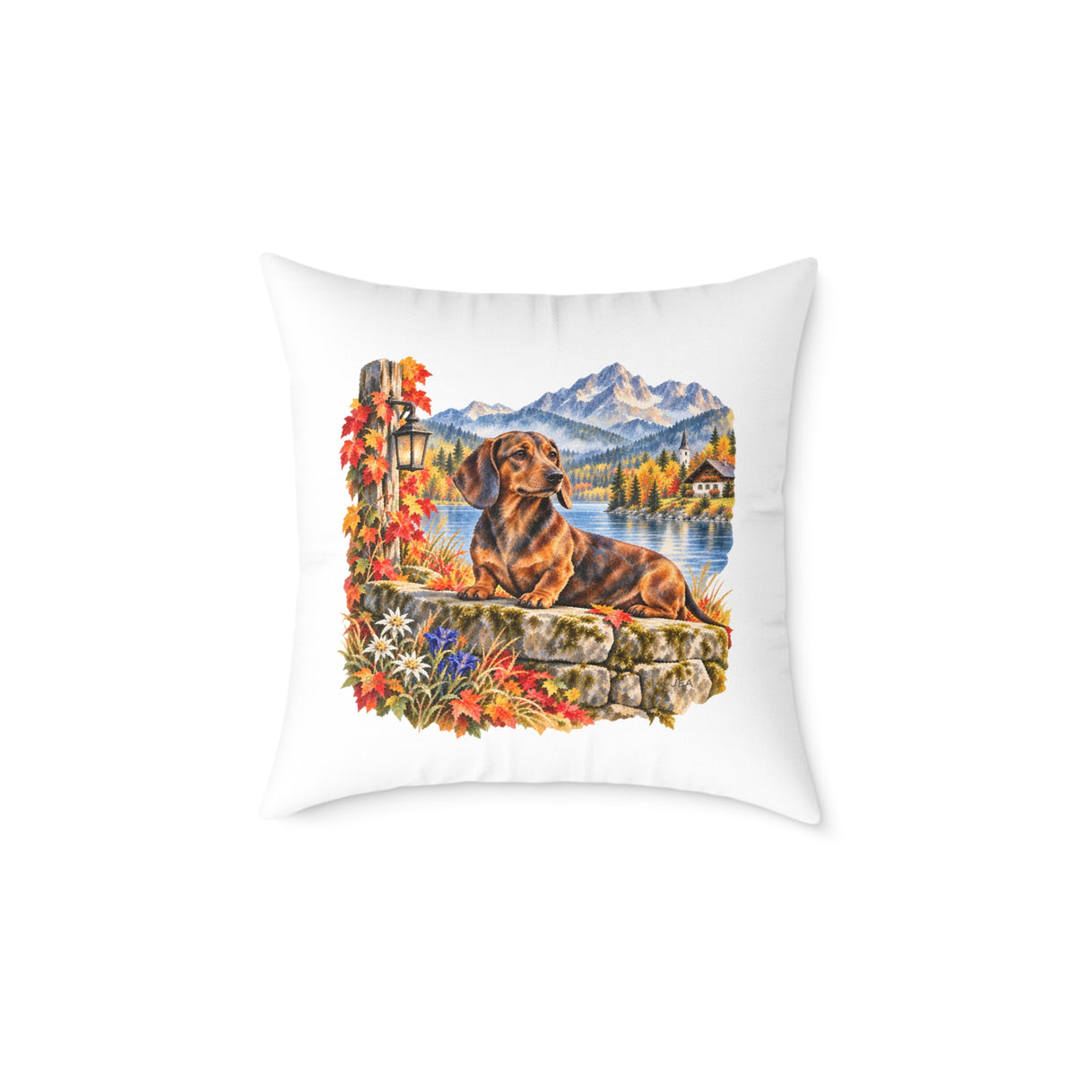 Dachshund Bavarian Alps Autumn Throw Pillow White Home Decor Collection Alpine Lake Dog Decor BarkingDog Shop