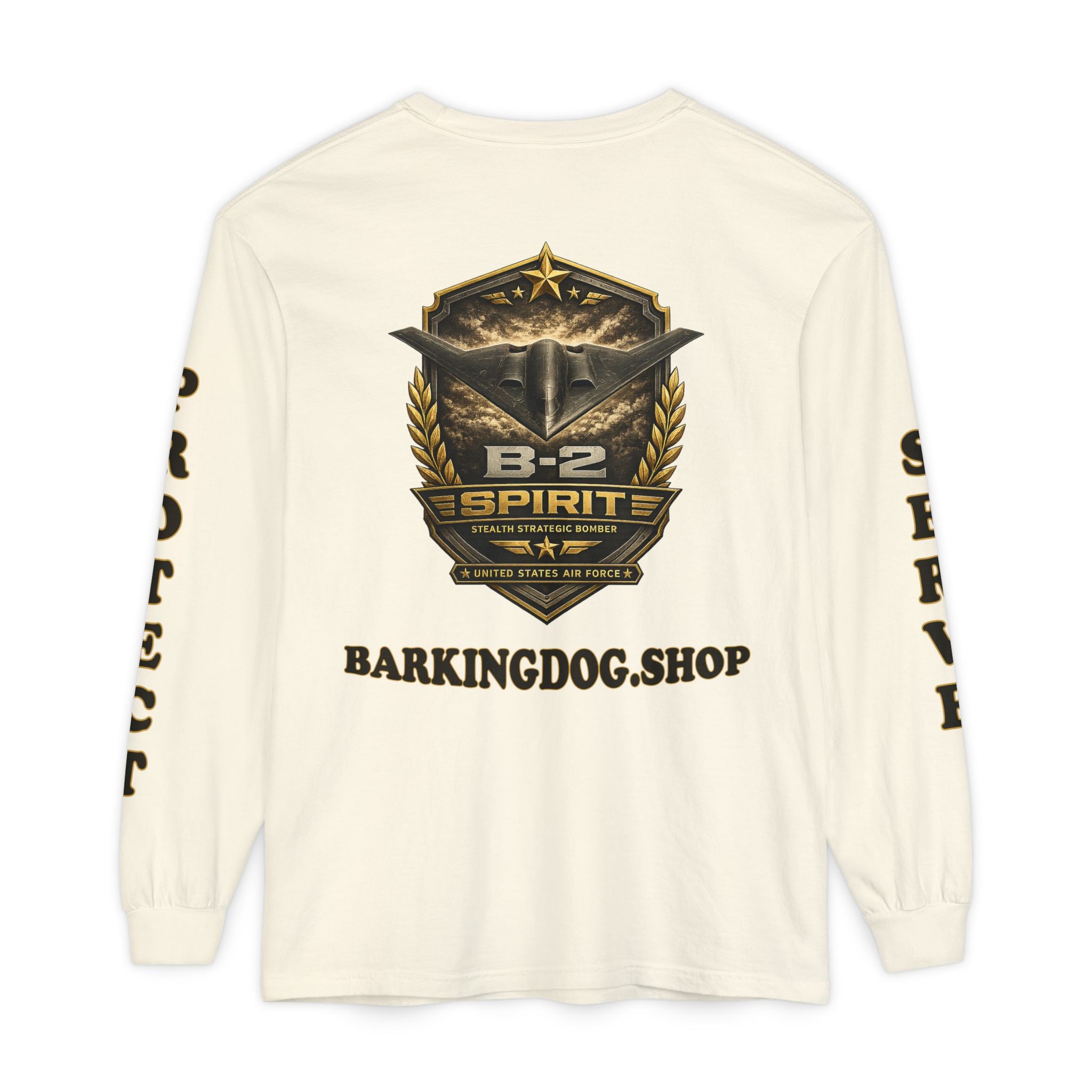 B-2 Spirit Stealth Bomber Long Sleeve Tee — Barking Dog 'Wag On' Military Air Force Tribute