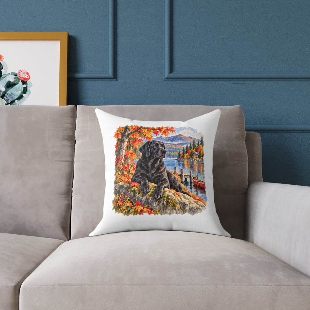 Black Labrador Maine Lake Autumn Throw Pillow White Home Decor Collection Fall Mountain Dog Decor BarkingDog Shop