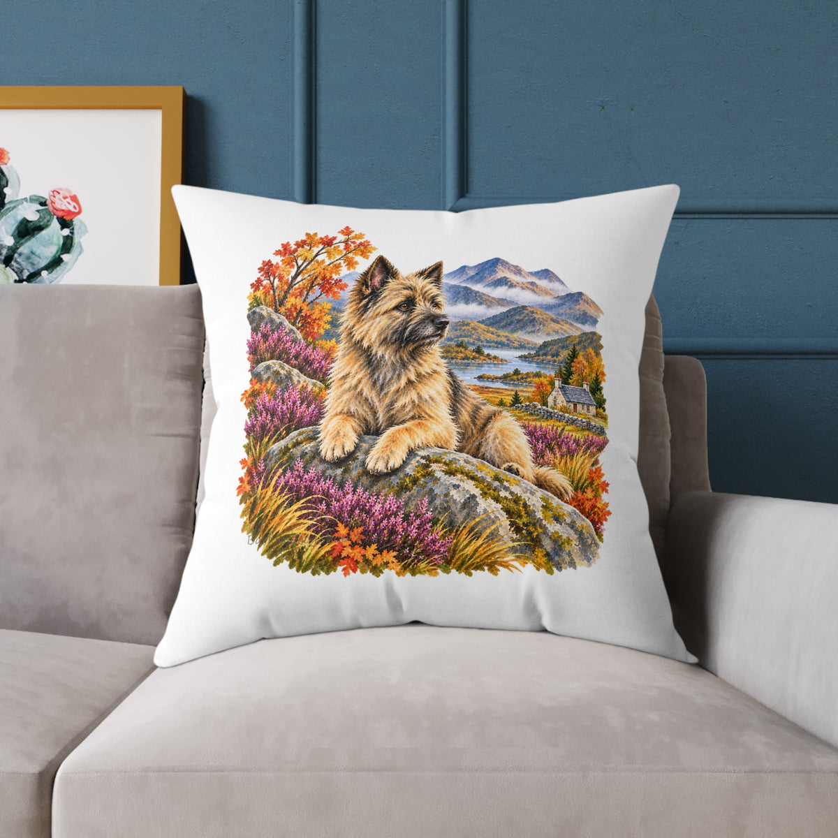 Cairn Terrier Scottish Highlands Autumn Throw Pillow White Home Decor Collection Scenic Dog Decor BarkingDog Shop