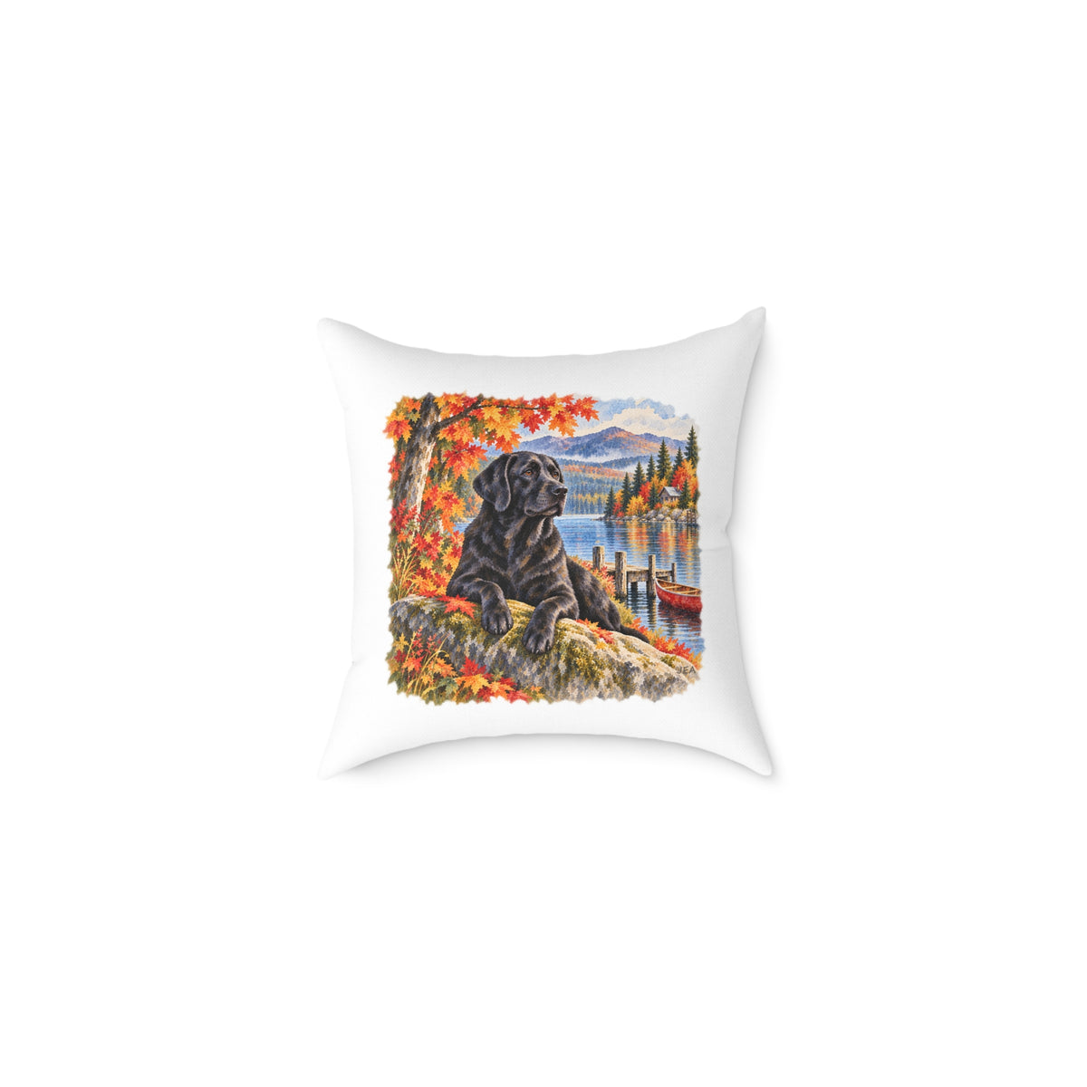 Black Labrador Maine Lake Autumn Throw Pillow White Home Decor Collection Fall Mountain Dog Decor BarkingDog Shop