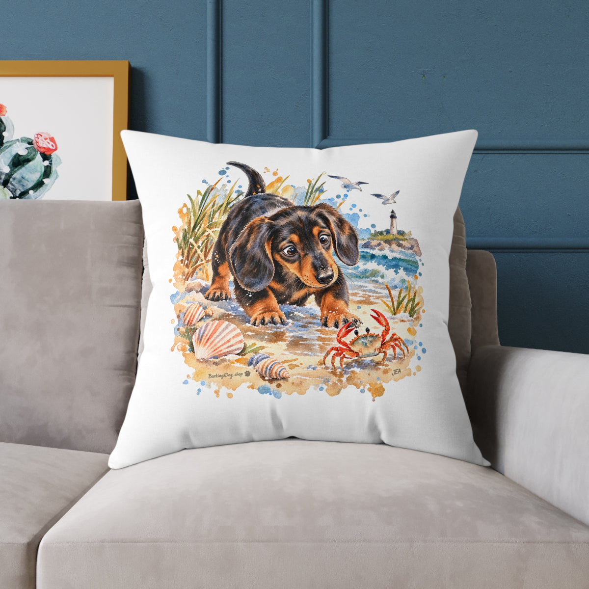 Dachshund Bewildered by Crab Beach Throw Pillow White Home Decor Collection Funny Coastal Dog Decor BarkingDog Shop