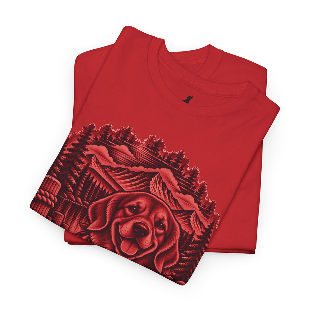 Golden Retriever Mountain Lake Wildlife Woodcut Tee Red Outdoor Canine Graphic T-Shirt BarkingDog Shop