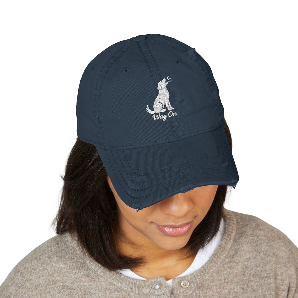 Distressed Embroidered Hat — 'Wag On' Dog Silhouette Cap