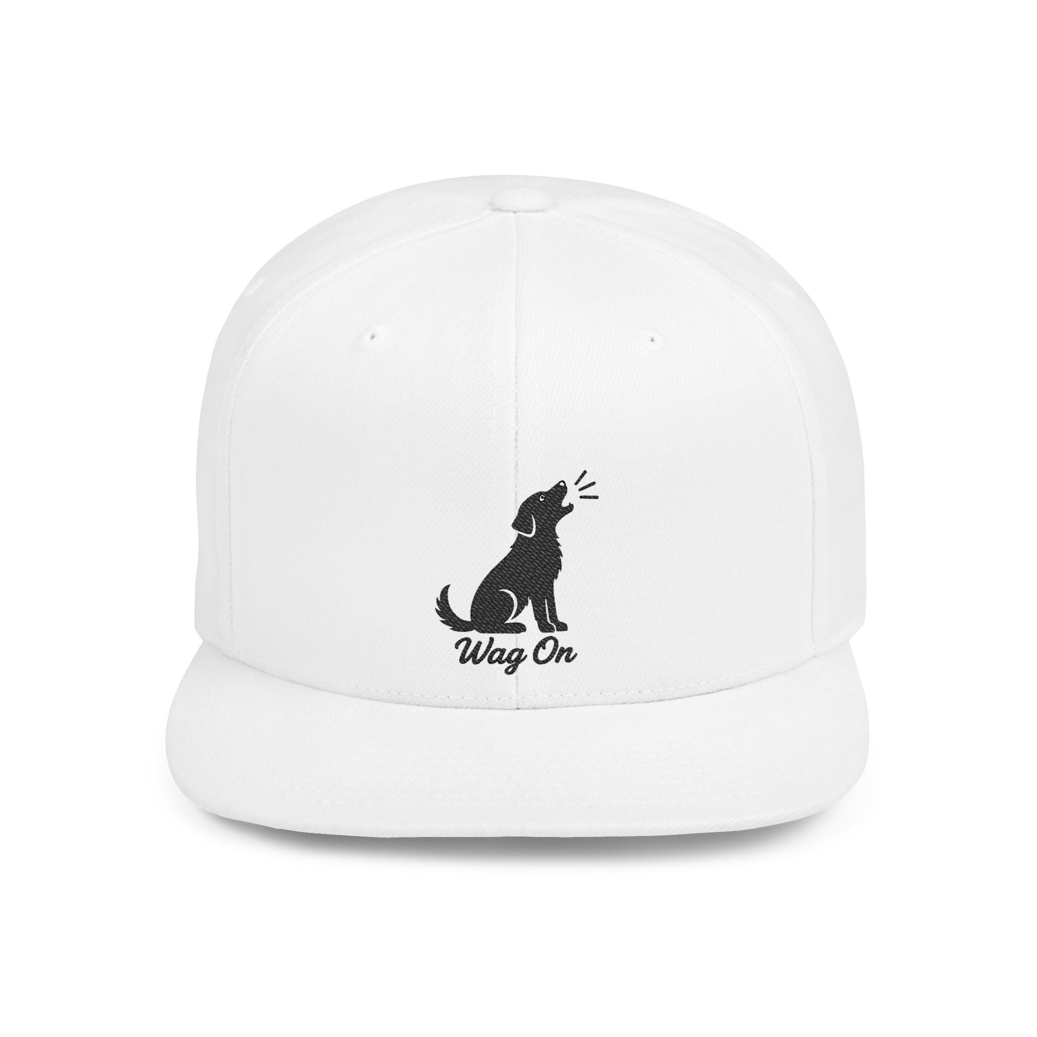 Wag On Snapback Hat — Embroidered Howling Dog Flat Bill Cap