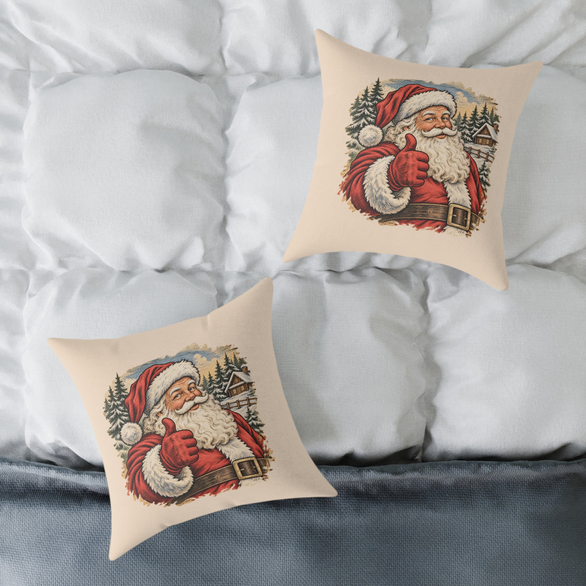 Santa Thumbs Up Woodcut Relief Throw Cushion Warm Peach Holiday Decoration BarkingDog Shop