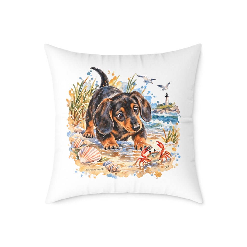 Dachshund Bewildered by Crab Beach Throw Pillow White Home Decor Collection Funny Coastal Dog Decor BarkingDog Shop