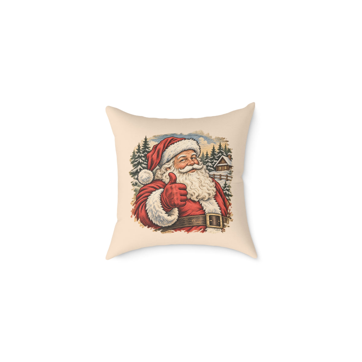 Santa Thumbs Up Woodcut Relief Throw Cushion Warm Peach Holiday Decoration BarkingDog Shop