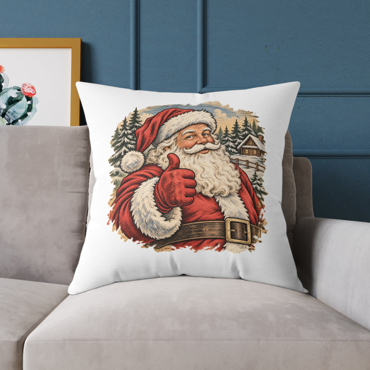 Santa Thumbs Up Woodcut Relief Throw Cushion White  Holiday Decoration BarkingDog Shop