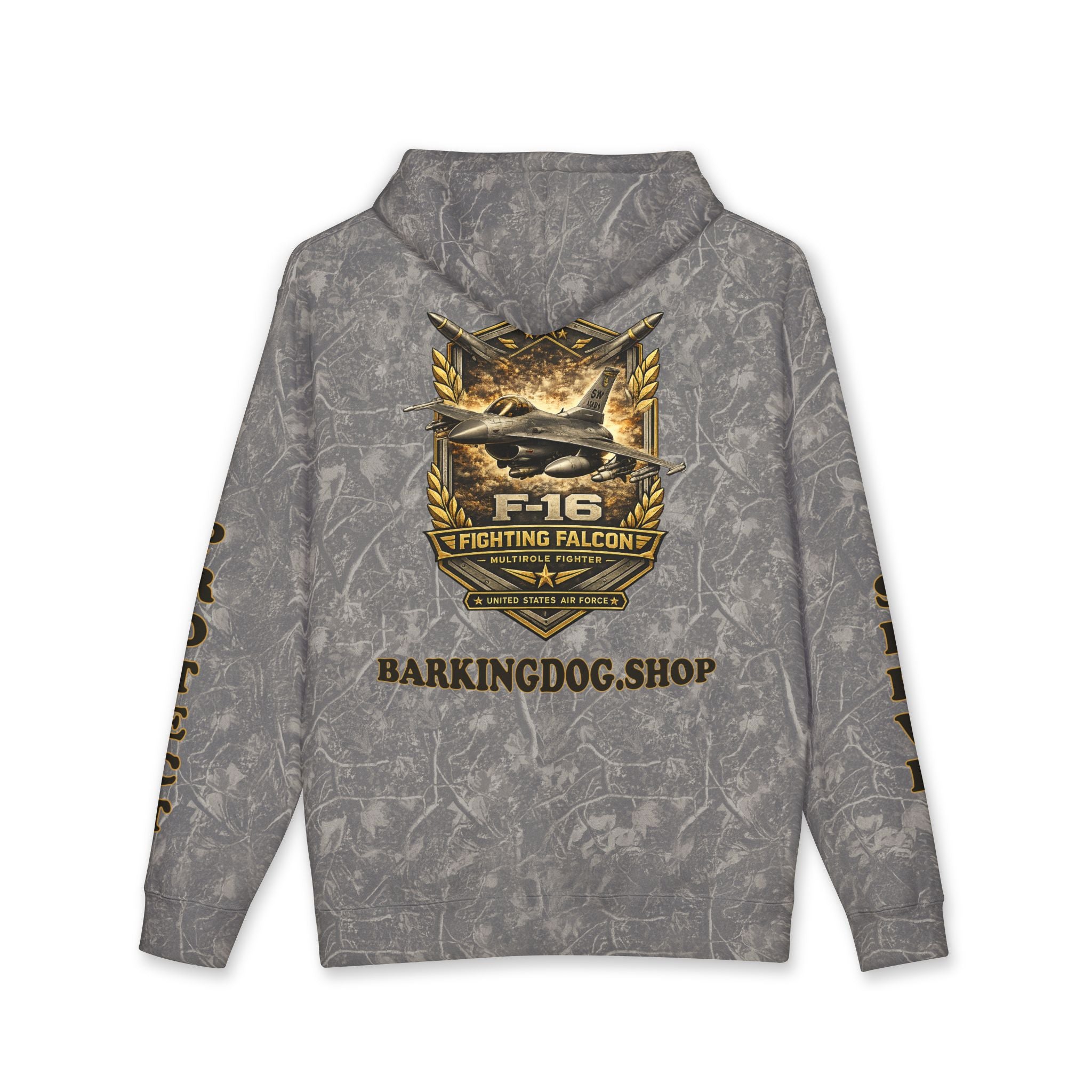 F-16 Fighting Falcon Jet Hoodie — Barking Dog 'Wag On' Military Air Force Tribute