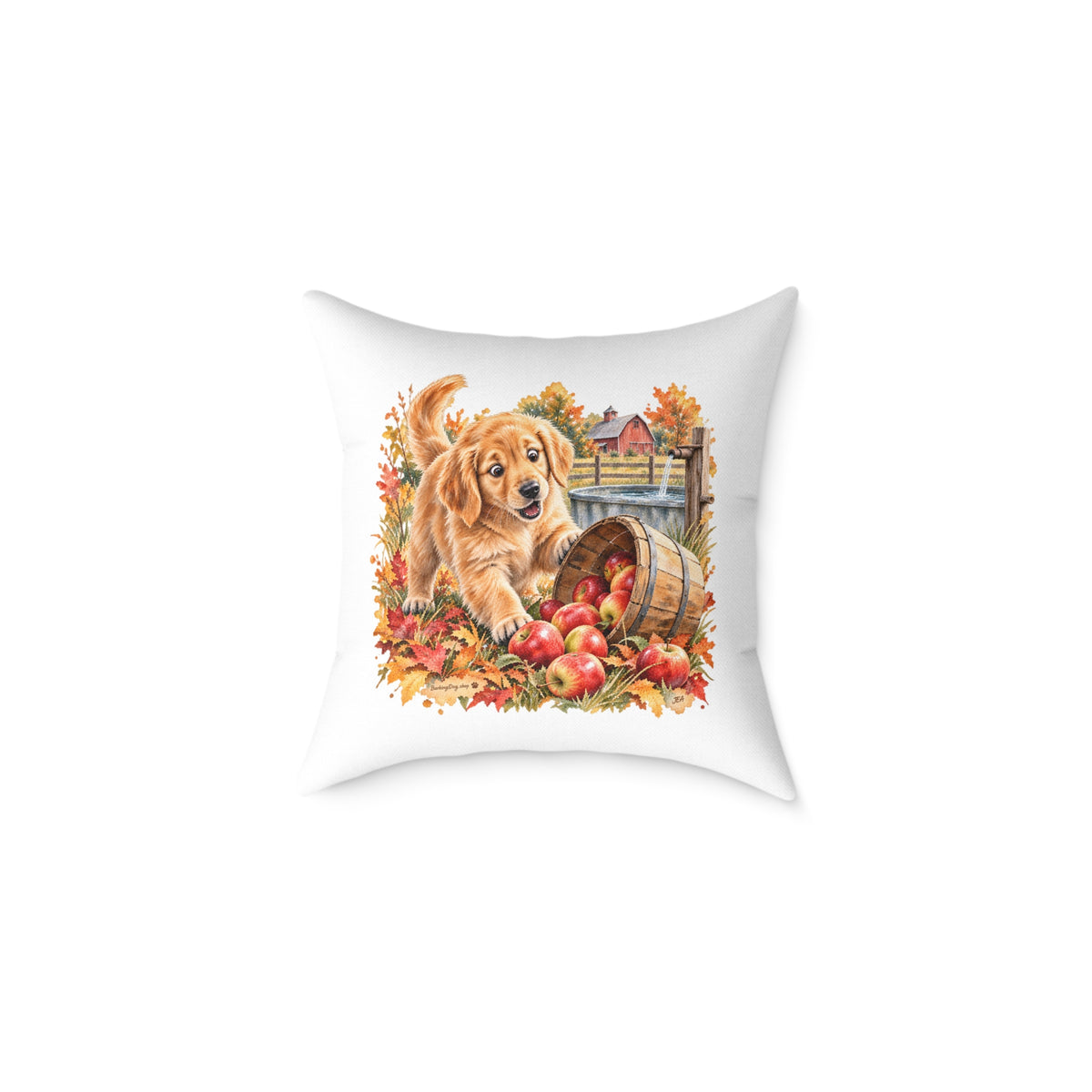 Golden Retriever Puppy Spilled Apples Throw Pillow White Home Decor Collection Farmhouse Dog Decor BarkingDog Shop