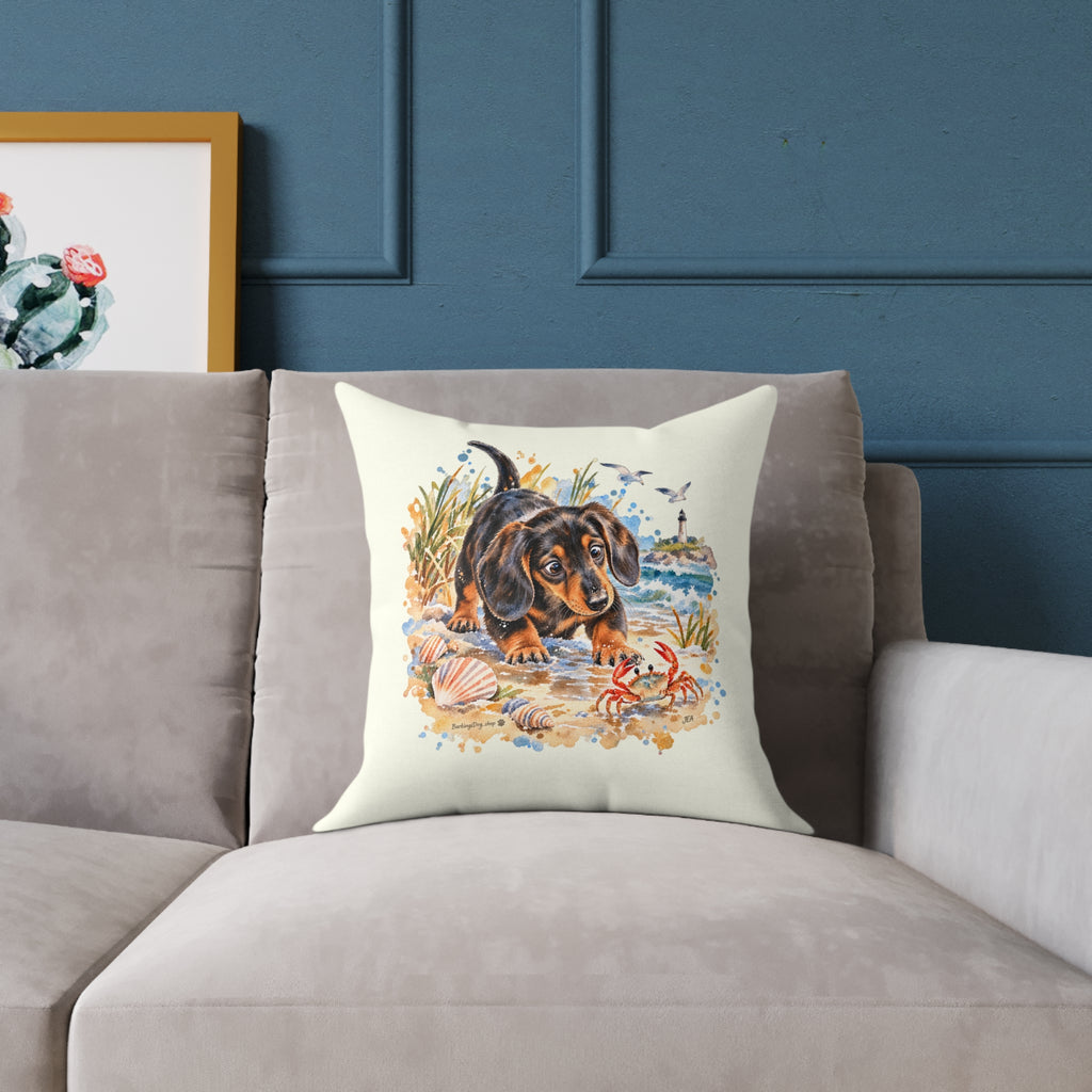Dachshund Bewildered by Crab Beach Throw Pillow Ivory Home Decor Collection Funny Coastal Dog Decor BarkingDog Shop