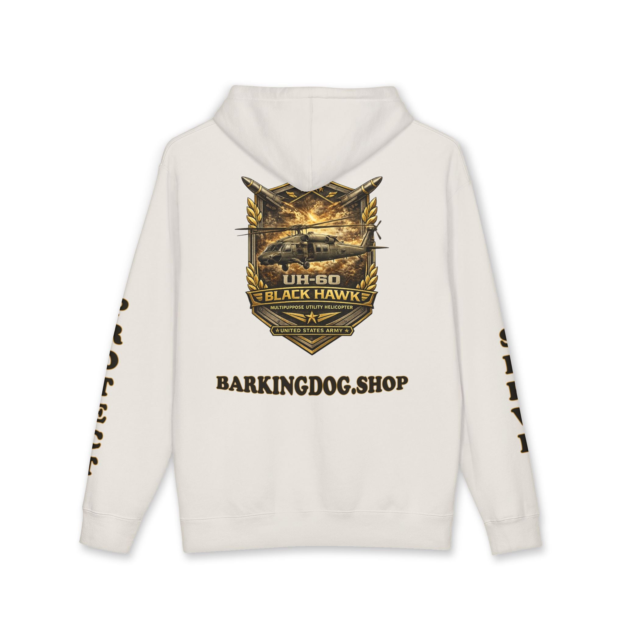 UH-60 Black Hawk Helicopter Hoodie — Barking Dog 'Wag On' Military Army Tribute
