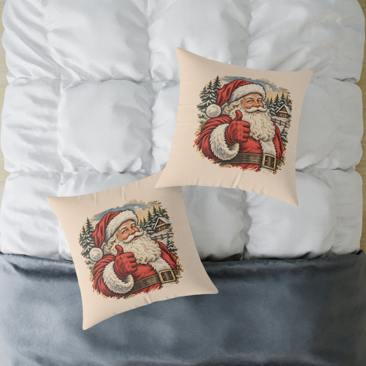 Santa Thumbs Up Woodcut Relief Throw Cushion Warm Peach Holiday Decoration BarkingDog Shop